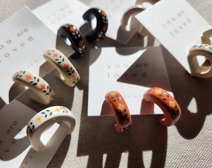 Nordic Hand-Painted Floral Hoops | Hypoallergenic Lightweight Polymer Clay Studs | Minimalist Dainty Everyday Gift