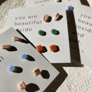 Set of 3 Mini Polymer Clay Mixed Shape Stud Set, Handmade, Hypoallergenic Titanium Posts, Customize Color, Minimalist, Modern Style