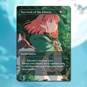 Könnte beinhalten: Eine grüne und goldene Verzauberungskarte mit einem rothaarigen Mädchen und einem Wolf in einer Waldkulisse. Der Kartentext lautet "Survival of the Fittest".