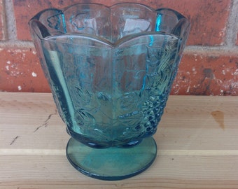 Vintage azul vidrio vidrio vidrio patrón pedestal tazón, azul vidrio caramelo tazón, vintage azul vidrio vieira Borde Bowl, cocina vintage