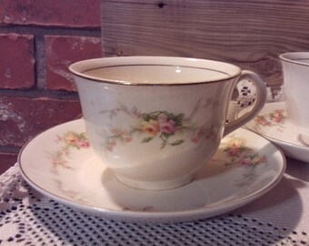 Harker Pottery Co Cup and Saucer, Elegant Dining, Vintage Cup & Saucer, Sweetheart Rose Pattern Drinkware, Vintage China, Vintage Pottery