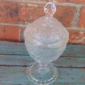 Vintage Pressed Glass Harvest Grape Pattern, Covered Candy Dish, Indiana Sandwhich Glass, Footed Candy Bowl