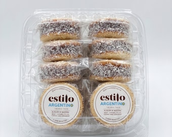 60 ALFAJOR DE MAICENA Argentine Style Cornstarch Cookies filled with Dulce de Leche & Rolled in Shredded Coconut 95grs each