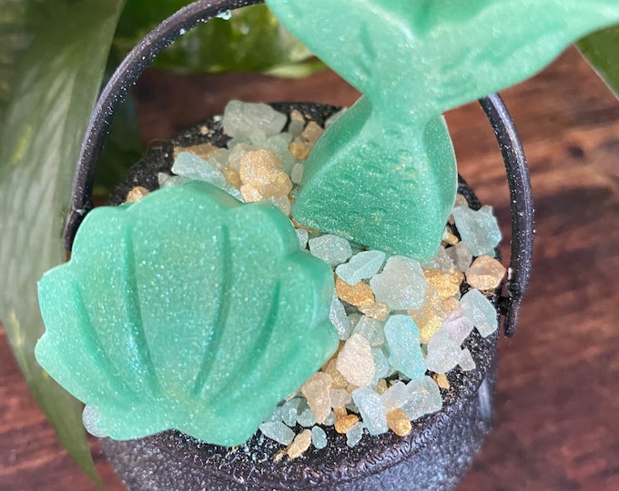 Featured listing image: The Mermaid Bath Bomb & Salt Soak | Mermaid Tail Soap Topper | Ocean Magic Ritual | Sea Witch Bath | Rock Salt Crystals