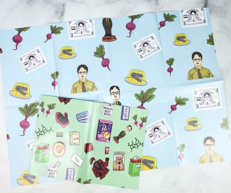 May include: Blue and green wrapping paper with a repeating pattern of characters from the TV show "The Office". The pattern includes images of beets, jelly, and the characters Michael Scott, Dwight Schrute, and Jim Halpert. The text "World's Best Boss" and "Dunder Mifflin" are also included in the pattern.