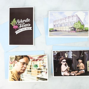 May include: Four different cards featuring images related to the TV show "The Office". The first card has a brown background with white text that reads "Schrute Farms People Love Beets". The second card has a watercolour illustration of the office building. The third card shows a photo of a man with brown hair and glasses looking out of a window. The fourth card shows a photo of two babies dressed in black hats and sunglasses playing musical instruments.