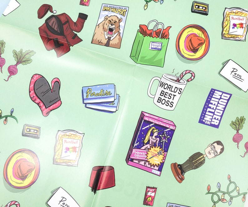 May include: A green and white patterned wrapping paper with various images including a red Santa suit, a bear, a coffee mug with the text "World's Best Boss", a bag with the text "Dunder Mifflin", a pink unicorn toy, and a red fez.