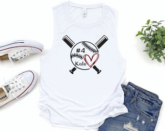 baseball bat heart personalized tank - baseball mom tank tops - baseball shirts - baseball personalized name tanks - custom number baseball