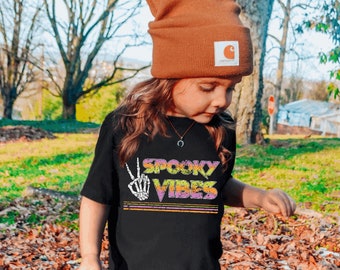 spooky vibes girls fall halloween shirt - girls fall retro t-shirts - girls fall shirt - retro halloween outfit kids girls  skeleton hands