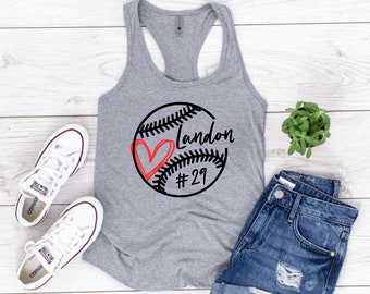 baseball heart personalized tank - baseball mom tank tops - baseball shirts - baseball personalized name tanks - custom number baseball tank