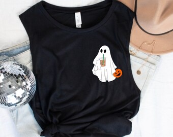 ghost with coffee and pumpkin muscle tank top - Bella canvas muscle tank - halloween tank tops - summer halloween shirts - summer ghost