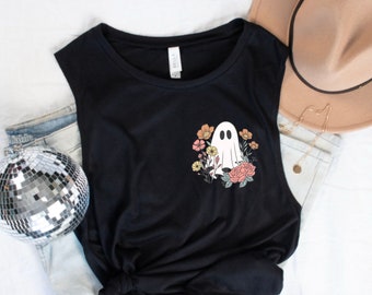 spring ghost summer ghost muscle tank top - Bella canvas muscle tank - halloween tank tops - summer halloween shirts - ghost - flowers tee