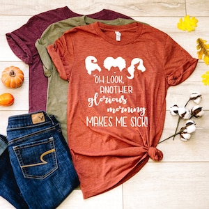 May include: A rust-colored t-shirt with a white graphic of three women's silhouettes and the text "Oh look, another glorious morning makes me sick!"