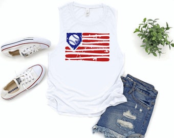 baseball American flag tank top - baseball mom tank tops - baseball shirts - baseball flag tanks - muscle tanks - American flag shirt tank