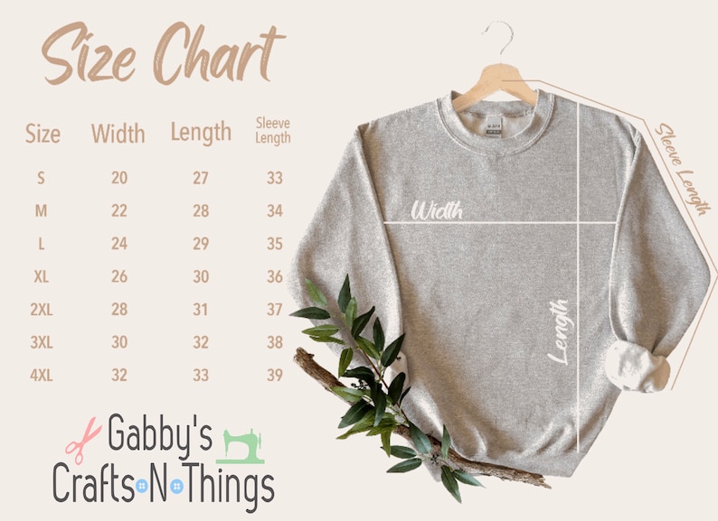 K&ouml;nnte beinhalten: Gr&ouml;&szlig;entabelle f&uuml;r einen grauen Pullover mit Ma&szlig;en in Zoll f&uuml;r Breite, L&auml;nge und &Auml;rmell&auml;nge. Die Tabelle zeigt die Gr&ouml;&szlig;en von S bis 4XL.