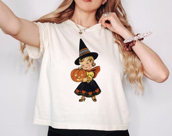 boxy cropped tee comfort colors vintage witch halloween shirt - boxy crop top - retro halloween - vintage witch - witch crop top witch shirt