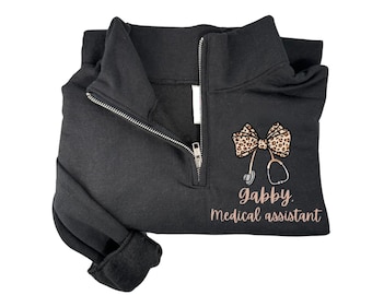 custom medical assistant bow quarter zip pocket RN zipper jacket medial assistant shirt medical assistant gift stethoscope sweater zipper