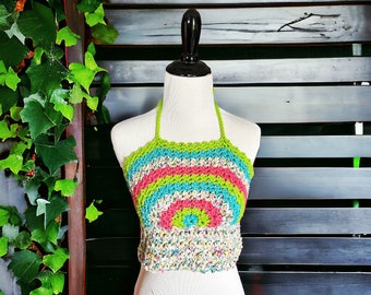 Rainbow Halter Top, Kids Halter, Girly Festival Top, Summer, Crochet Bralette