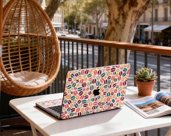 Coffee Lover MacBook Skin with Colorful Bean Pattern, Cafe Style Vinyl Laptop Decal for Air 13 and 15, Pro 14 and 16, Neo