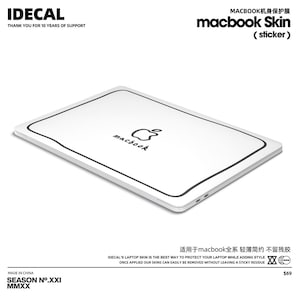 Pu&ograve; includere: Una pelle per laptop bianca con un contorno nero e un logo Apple nero con la parola "macbook" sotto. La pelle &egrave; progettata per proteggere il laptop e allo stesso tempo aggiungere stile. Il testo "MACBOOK机身保护膜 macbook Skin (sticker)" &egrave; nell'angolo in alto a destra dell'immagine. Il testo "适用于macbook全系轻薄简约不留残胶" &egrave; al centro in basso dell'immagine. Il testo "IDECAL'S LAPTOP SKIN IS THE BEST WAY TO PROTECT YOUR LAPTOP WHILE ADDING STYLE ONCE APPLIED OUR SKINS CAN EASILY BE REMOVED WITHOUT LEAVING A STICKY RESIDUE" &egrave; al centro in basso dell'immagine. Il testo "$69" &egrave; nell'angolo in basso a destra dell'immagine.