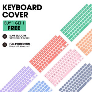 May include: A collection of silicone keyboard covers in various colors including mint green, peach, coral, light pink, lavender, and blue. The text KEYBOARD COVER, BUY 1 GET 1 FREE, SOFT SILICONE, and FULL PROTECTION is displayed on the left side.