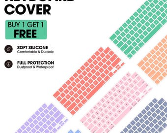 May include: A collection of silicone keyboard covers in various colors including mint green, peach, coral, light pink, lavender, and blue. The text KEYBOARD COVER, BUY 1 GET 1 FREE, SOFT SILICONE, and FULL PROTECTION is displayed on the left side.