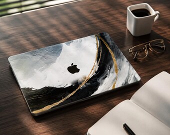 Black and Gold Laptop Decal for M5 MacBook Air and Pro and MacBook Neo Abstract Marble Vinyl Wrap with Gallery Inspired Brushstroke Skin