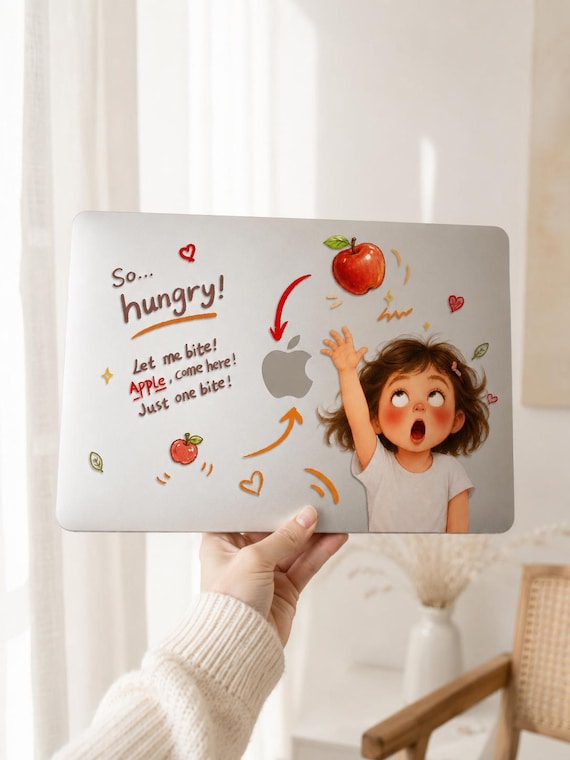Frosted Clear MacBook Case for Air 13/15 Pro 14/16, Cute Apple Girl Illustration, Matte Hard Shell Protective Laptop Cover