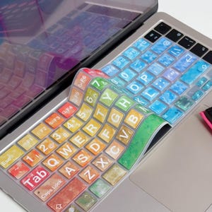 May include: A silicone keyboard cover for a laptop featuring a vibrant, multi-colored watercolor gradient design. The cover displays a standard QWERTY layout with white letters, numbers, and symbols printed on each key, transitioning from warm red and orange tones on the left to cool blue and green hues on the right.