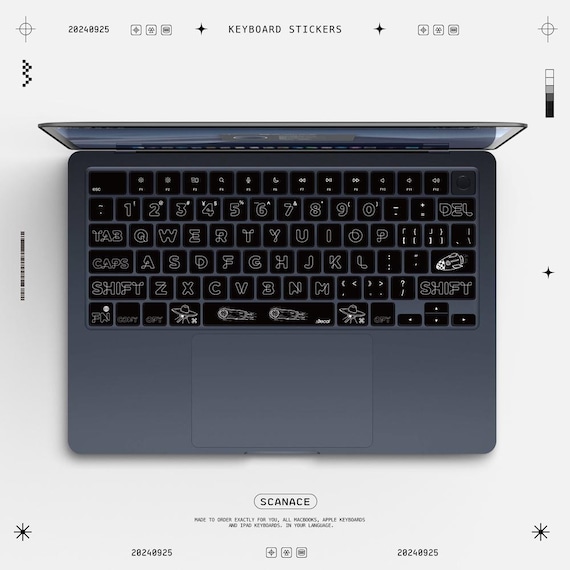 Dark Tech Key Decals for Macbook, Black Minimal Keyboard Stickers