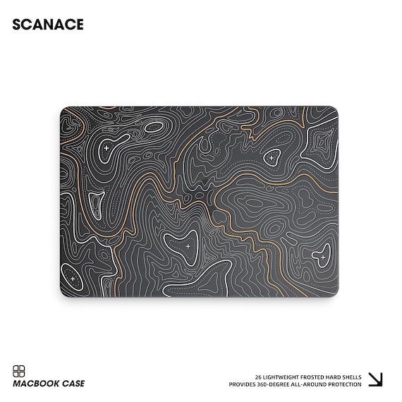 Black Topographic Map MacBook Case, Contour Line Hard Shell for Air 13 15 Pro 14 16, Hiking Outdoor Laptop Cover, M3 M4 M5