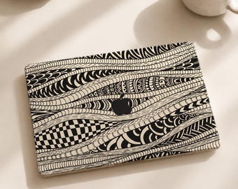 Hand Drawn Boho MacBook Skin with Black Cream Wavy Line Art Laptop Decal Vinyl Wrap for M5 Air 13 15 Pro 14 16 and 2026 Neo