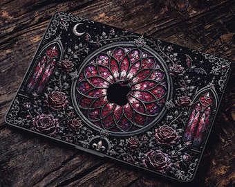 Gothic Rose Window MacBook Skin, Stained Glass Vinyl Decal with Dark Red Roses for Air 13 15 Pro 14 16, M1 to M5 and MacBook Neo Sticker