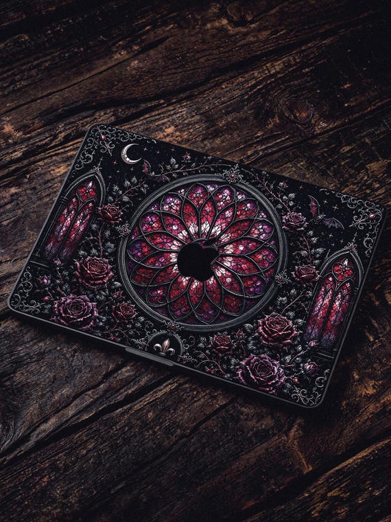 Gothic Rose Window MacBook Skin, Stained Glass Vinyl Decal with Dark Red Roses for Air 13 15 Pro 14 16, M1 to M5 and MacBook Neo Sticker