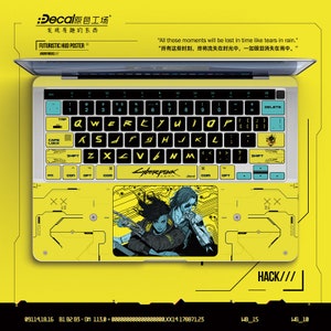 May include: A yellow laptop with a black keyboard and a cyberpunk themed sticker on the touchpad. The sticker features a graphic of two people in a futuristic setting. The laptop is open and the screen is black. The text "HACK///" is printed on the bottom right corner of the laptop.