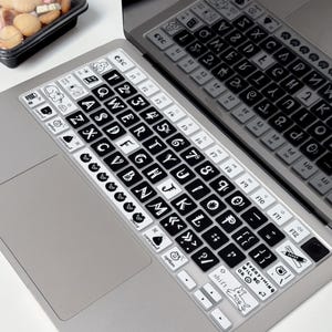 May include: A silver laptop featuring a black and white keyboard cover with custom icons and text. The keys display various illustrations, symbols, and the phrase "EVERYTHING WILL BE OK" on the enter key. The laptop surface is metallic gray.