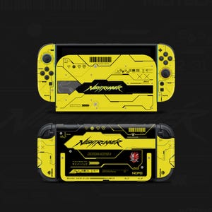 May include: Yellow and black Nintendo Switch console skin with "Nightrunner" text and Cyberpunk 2077 design. The skin features a geometric pattern and various symbols. The bottom of the console has additional text and a red emblem.