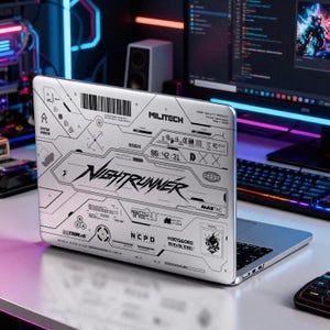May include: A silver laptop skin featuring a detailed black and white technical graphic design. The print includes the text NIGHTRUNNER, MILITECH, MAXTAC, NCPD, and ARASAKA, along with various barcodes, digital clock symbols, and geometric patterns.