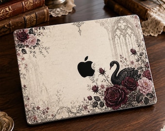 Black Swan Gothic MacBook Skin with Burgundy Roses, Victorian Laptop Decal for 2026 Air 13 15 Pro 14 16 M1 to M5 and MacBook Neo
