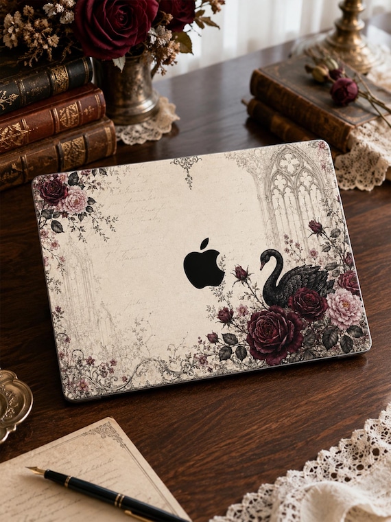 Black Swan Gothic MacBook Skin with Burgundy Roses, Victorian Laptop Decal for 2026 Air 13 15 Pro 14 16 M1 to M5 and MacBook Neo