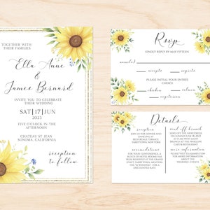 Sunflower Wedding Invitation Suite, Editable Wedding Invite, Yellow Flower, Customizable Invite, Instant Download