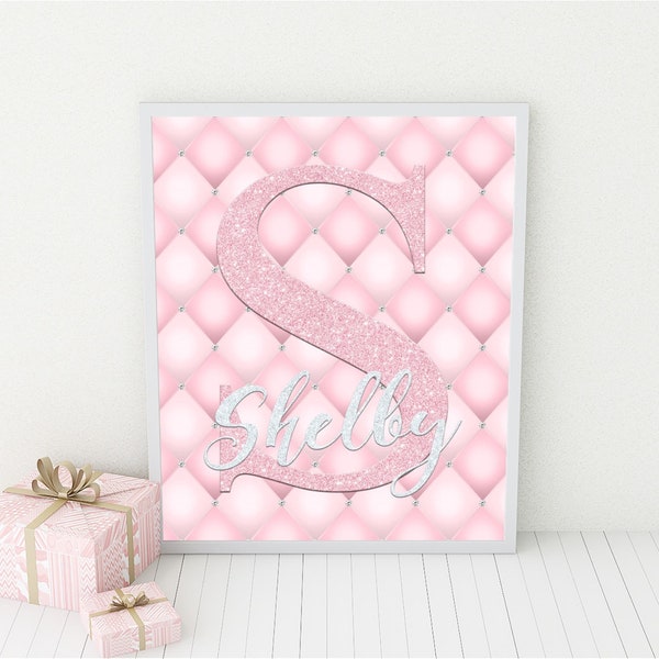 Personalized Monogram Initial and Name Pink and Silver Glitter on Diamond Pink Tufted Background - Nursery Letter Art Print