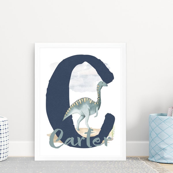 Dinosaur Watercolor Personalized Name Initial Monogram Letter, Custom Nursery Decor Wall Art Unframed Print