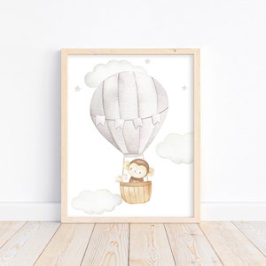 Monkey Hot Air Balloon Print: Gray Watercolor Nursery Decor