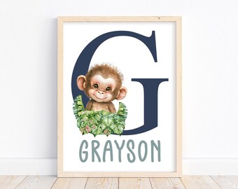 Personalized Monkey Watercolor Safari Floral Baby Nursery Unframed Print - Baby Name Letter Initial Monogram