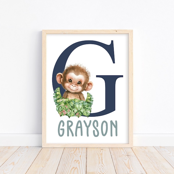 Personalized Monkey Watercolor Safari Floral Baby Nursery Unframed Print - Baby Name Letter Initial Monogram