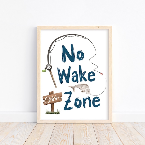 No Wake Zone Watercolor Fishing Pole Nursery Little Boys Room Unframed Print, Rustic Outdoor Nautical Themed Decor