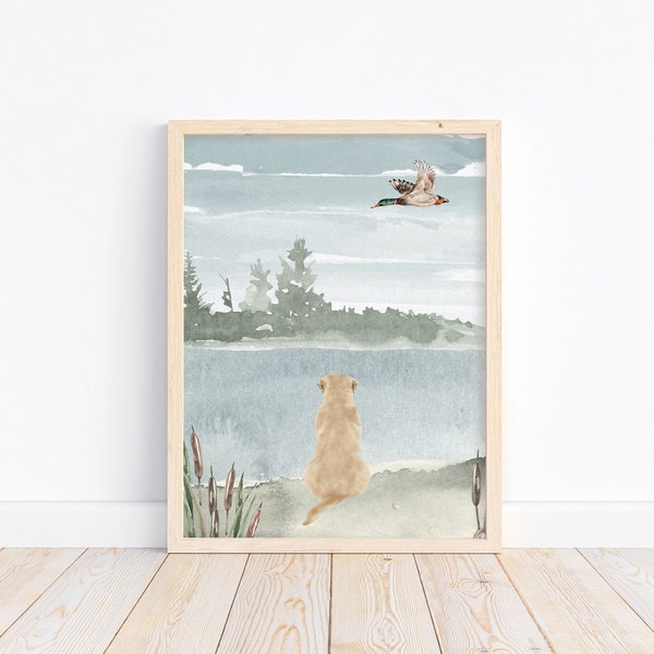 Watercolor Duck Hunting Yellow Labrador Nursery Little Boys Room Unframed Print Rustic Outdoor Themed Decor