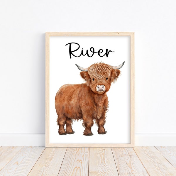 Personalized Watercolor Highland Cow Rustic Farmhouse Baby Boy Nursery Unframed Print - Baby Name Nursery Print