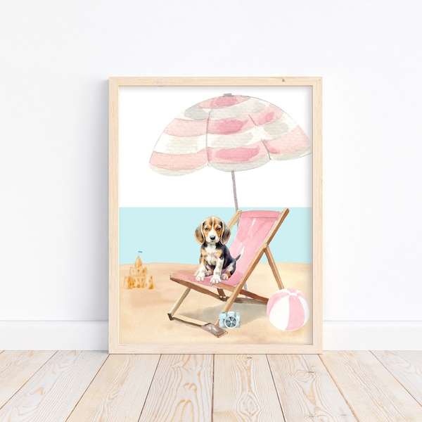 Beagle Puppy Dog at Beach Watercolor Dog Unframed Print Nursery Decor Kid's Bedroom Laundry Room or Dog Lover
